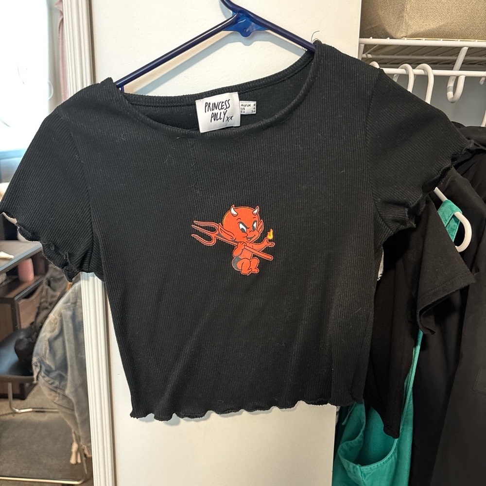 Princess Polly Black Tee with Orange Devil Graphic